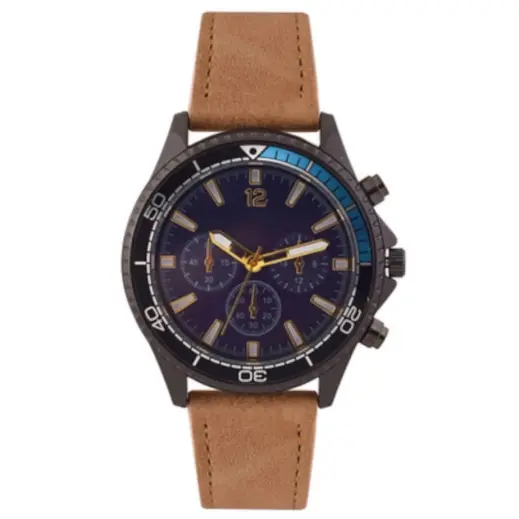 Mens PU Sporty Tach Watch Beige-Gun Metal Front